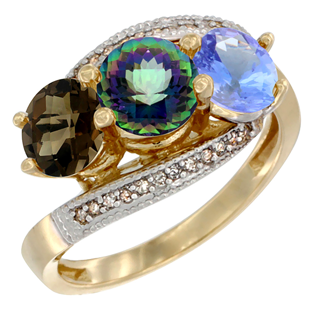 14K Yellow Gold Natural Smoky Topaz, Mystic Topaz &amp; Tanzanite 3 stone Ring Round 6mm Diamond Accent, sizes 5 - 10