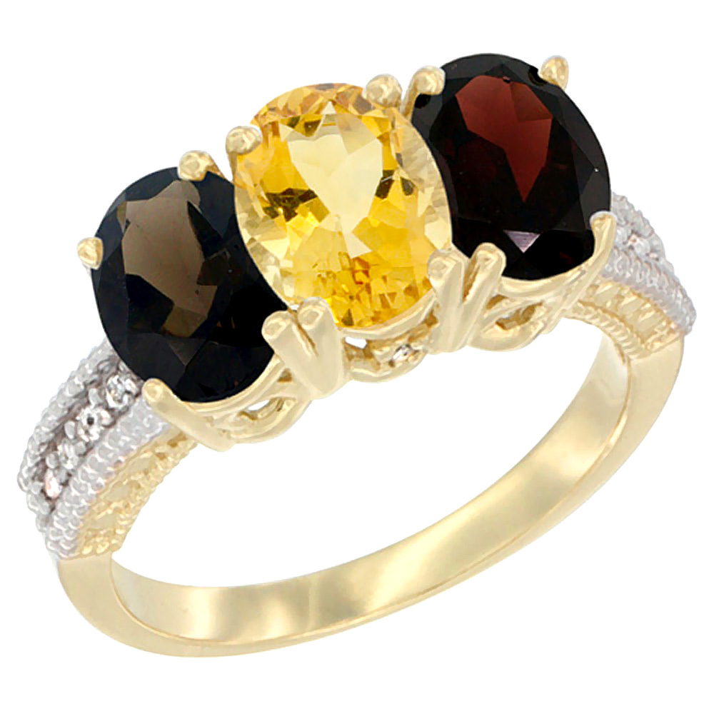 10K Yellow Gold Diamond Natural Smoky Topaz, Citrine & Garnet Ring 3-Stone 7x5 mm Oval, sizes 5 - 10