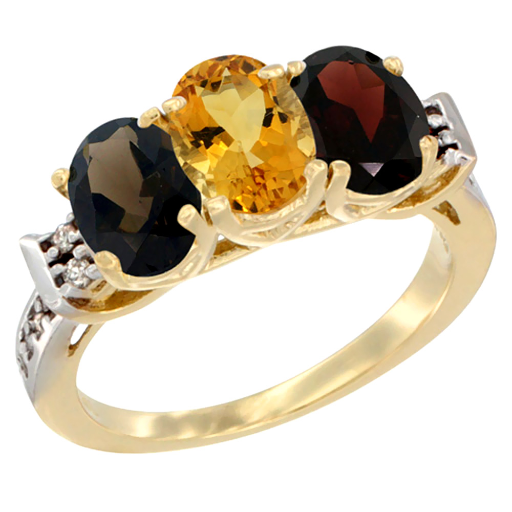 10K Yellow Gold Natural Smoky Topaz, Citrine & Garnet Ring 3-Stone Oval 7x5 mm Diamond Accent, sizes 5 - 10