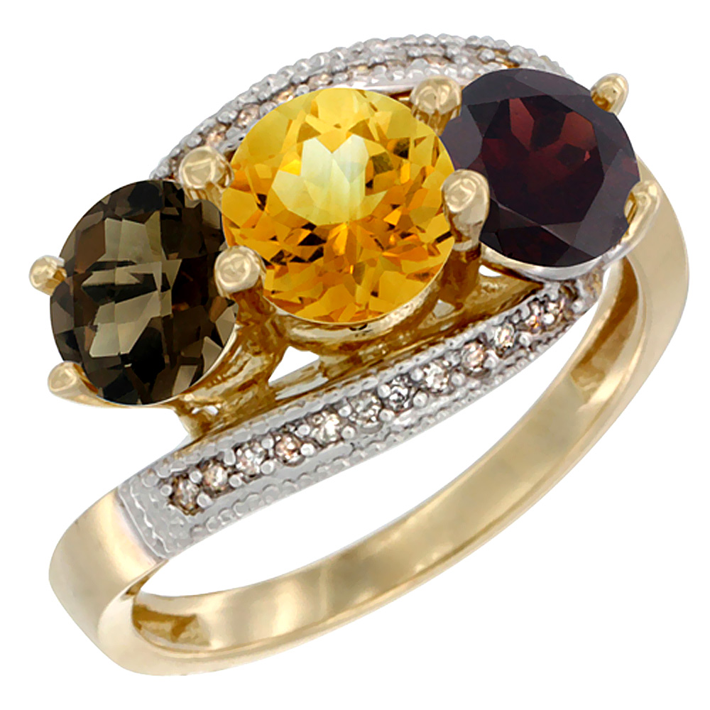 10K Yellow Gold Natural Smoky Topaz, Citrine &amp; Garnet 3 stone Ring Round 6mm Diamond Accent, sizes 5 - 10