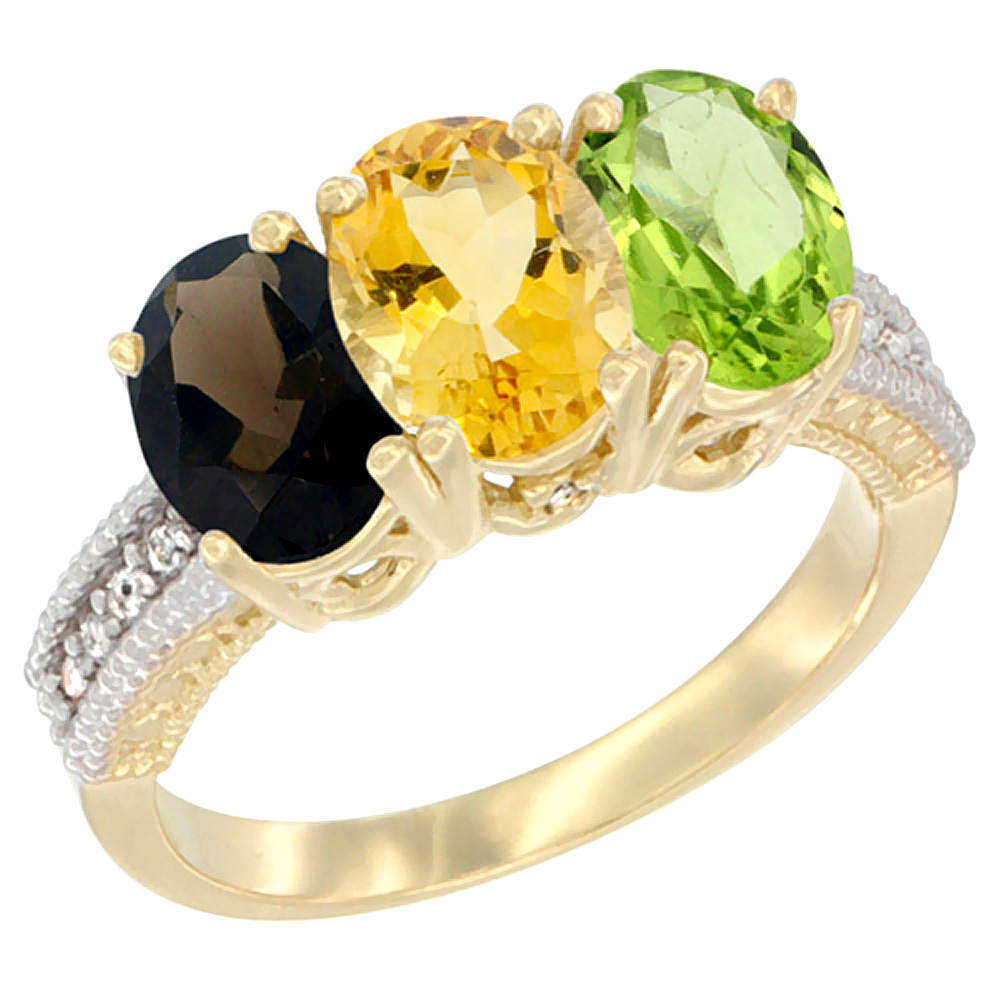 14K Yellow Gold Natural Smoky Topaz, Citrine & Peridot Ring 3-Stone 7x5 mm Oval Diamond Accent, sizes 5 - 10