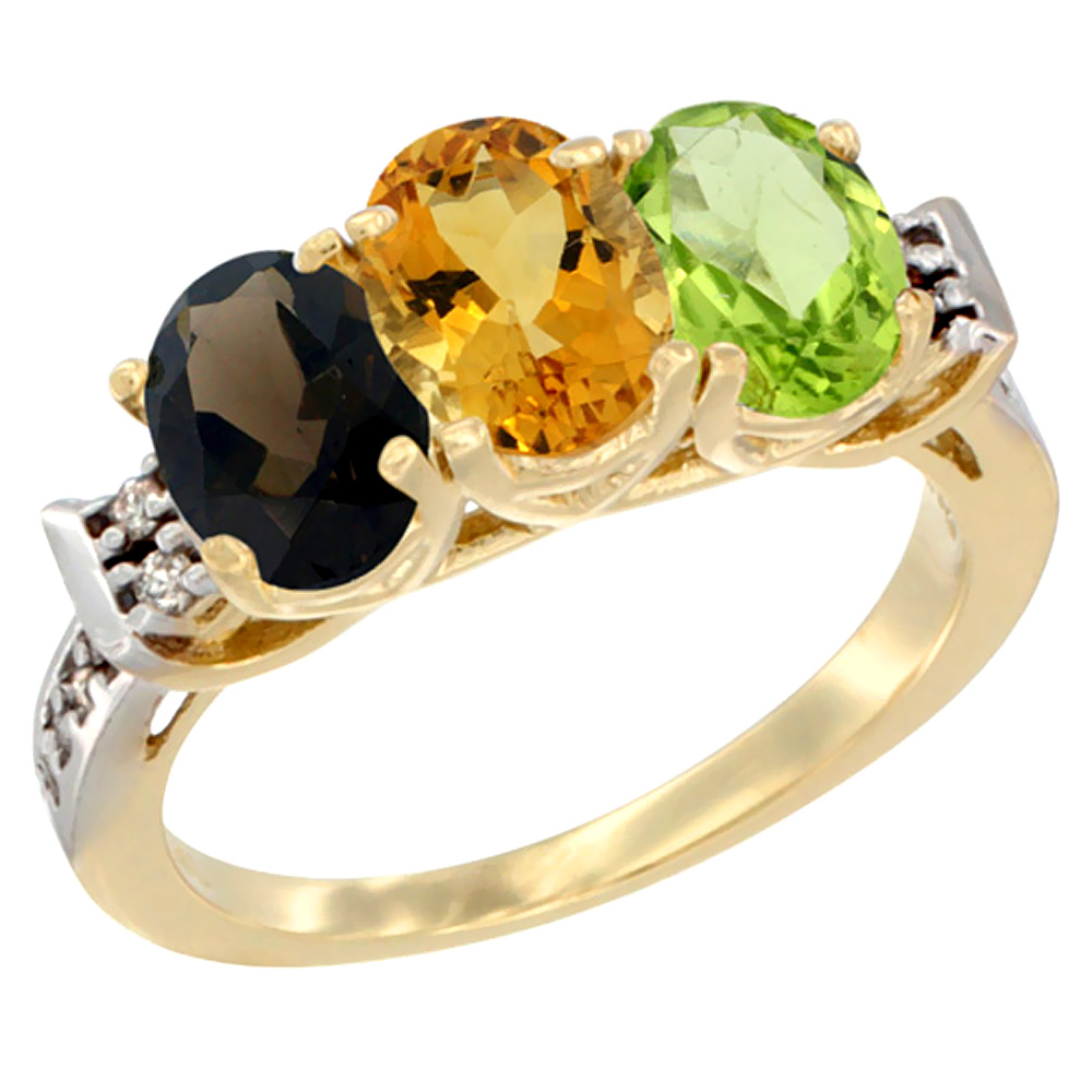 14K Yellow Gold Natural Smoky Topaz, Citrine & Peridot Ring 3-Stone Oval 7x5 mm Diamond Accent, sizes 5 - 10