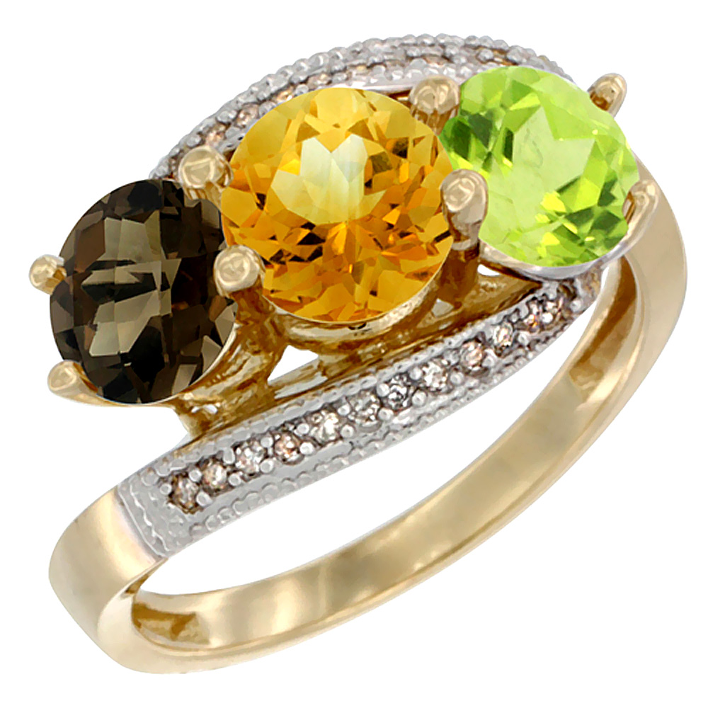 14K Yellow Gold Natural Smoky Topaz, Citrine & Peridot 3 stone Ring Round 6mm Diamond Accent, sizes 5 - 10