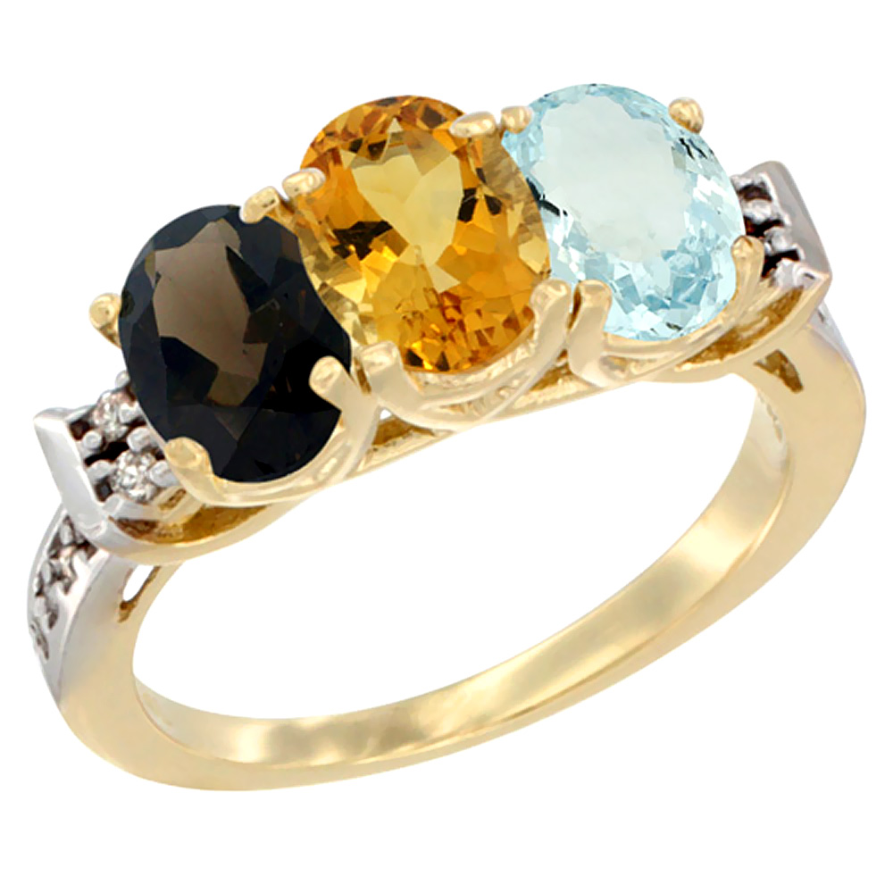 10K Yellow Gold Natural Smoky Topaz, Citrine & Aquamarine Ring 3-Stone Oval 7x5 mm Diamond Accent, sizes 5 - 10