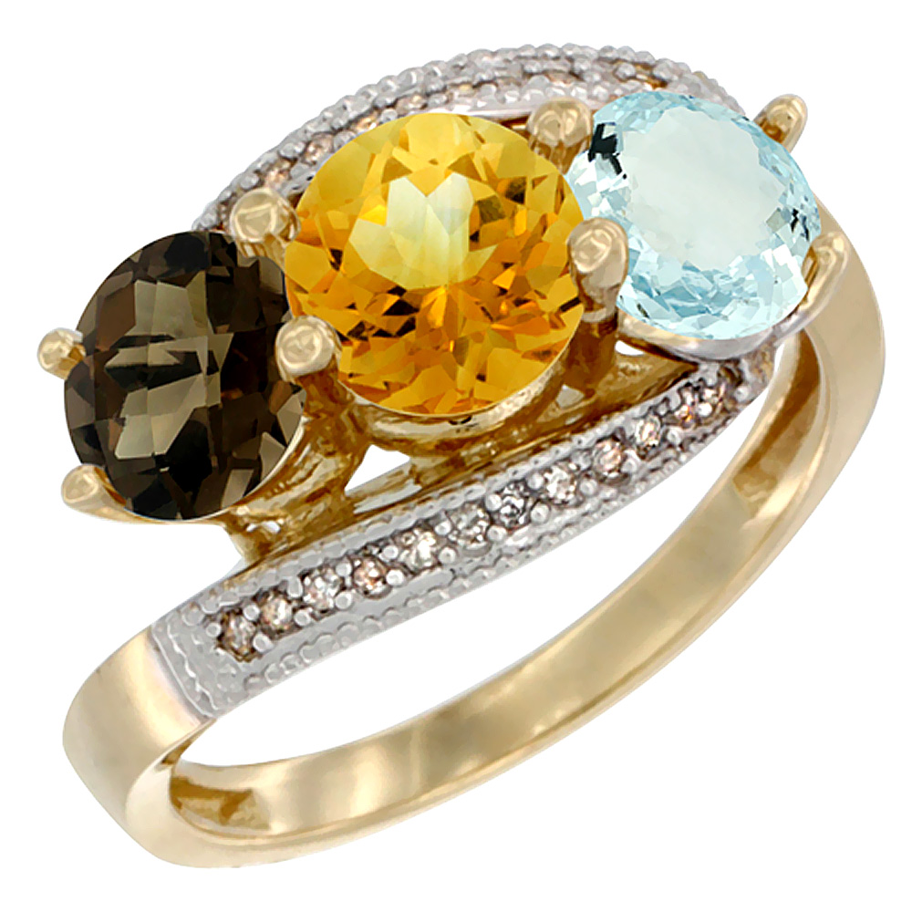 14K Yellow Gold Natural Smoky Topaz, Citrine &amp; Aquamarine 3 stone Ring Round 6mm Diamond Accent, sizes 5 - 10