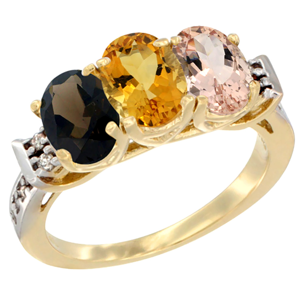 14K Yellow Gold Natural Smoky Topaz, Citrine & Morganite Ring 3-Stone Oval 7x5 mm Diamond Accent, sizes 5 - 10