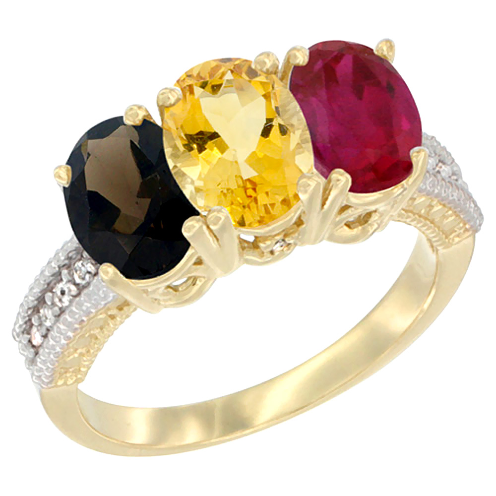 10K Yellow Gold Diamond Natural Smoky Topaz, Citrine &amp; Enhanced Ruby Ring 3-Stone 7x5 mm Oval, sizes 5 - 10