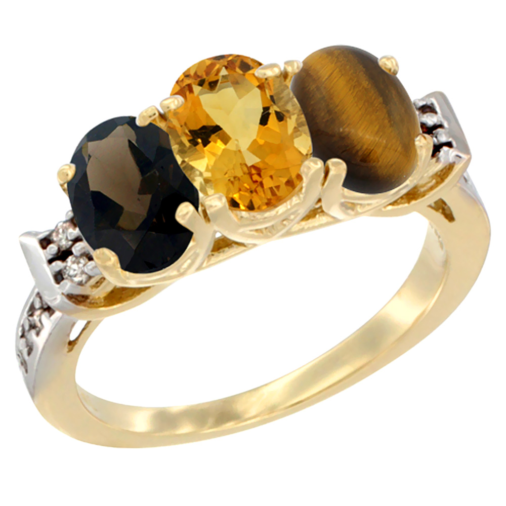 14K Yellow Gold Natural Smoky Topaz, Citrine & Tiger Eye Ring 3-Stone Oval 7x5 mm Diamond Accent, sizes 5 - 10