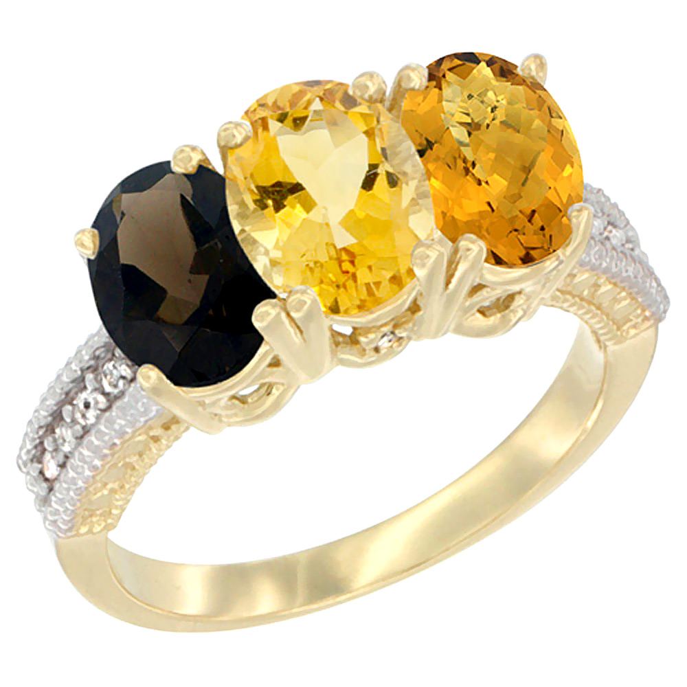 14K Yellow Gold Natural Smoky Topaz, Citrine &amp; Whisky Quartz Ring 3-Stone 7x5 mm Oval Diamond Accent, sizes 5 - 10