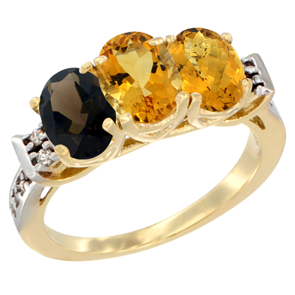 14K Yellow Gold Natural Smoky Topaz, Citrine & Whisky Quartz Ring 3-Stone Oval 7x5 mm Diamond Accent, sizes 5 - 10