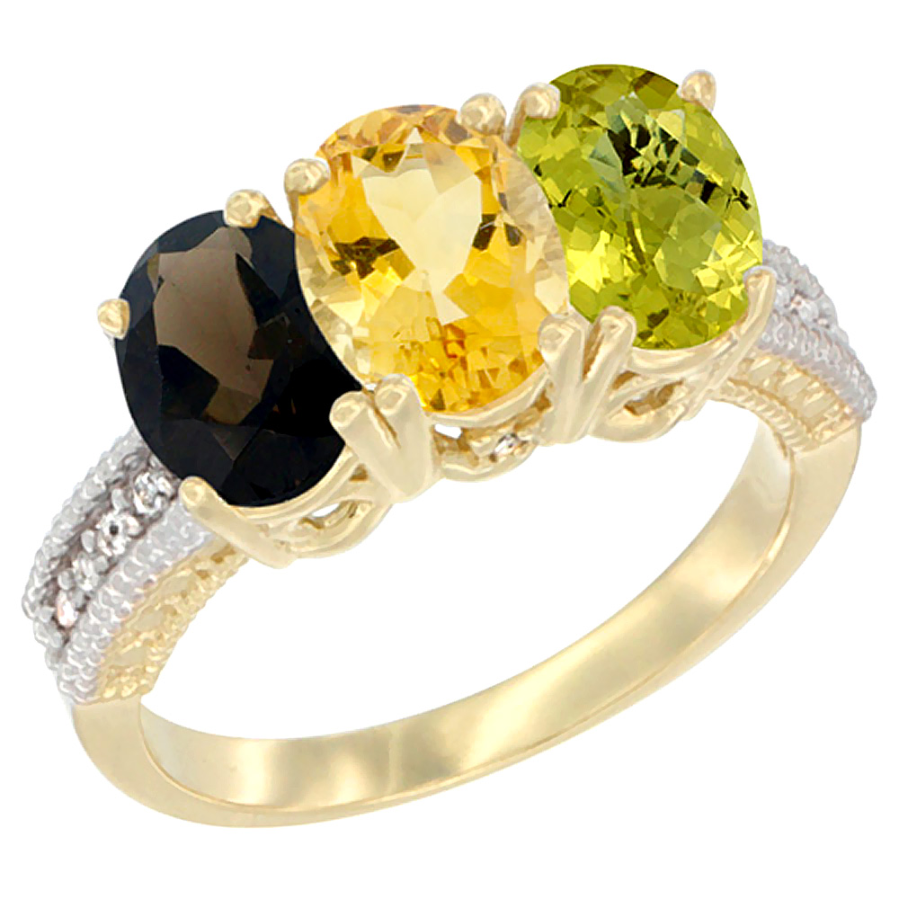 14K Yellow Gold Natural Smoky Topaz, Citrine &amp; Lemon Quartz Ring 3-Stone 7x5 mm Oval Diamond Accent, sizes 5 - 10