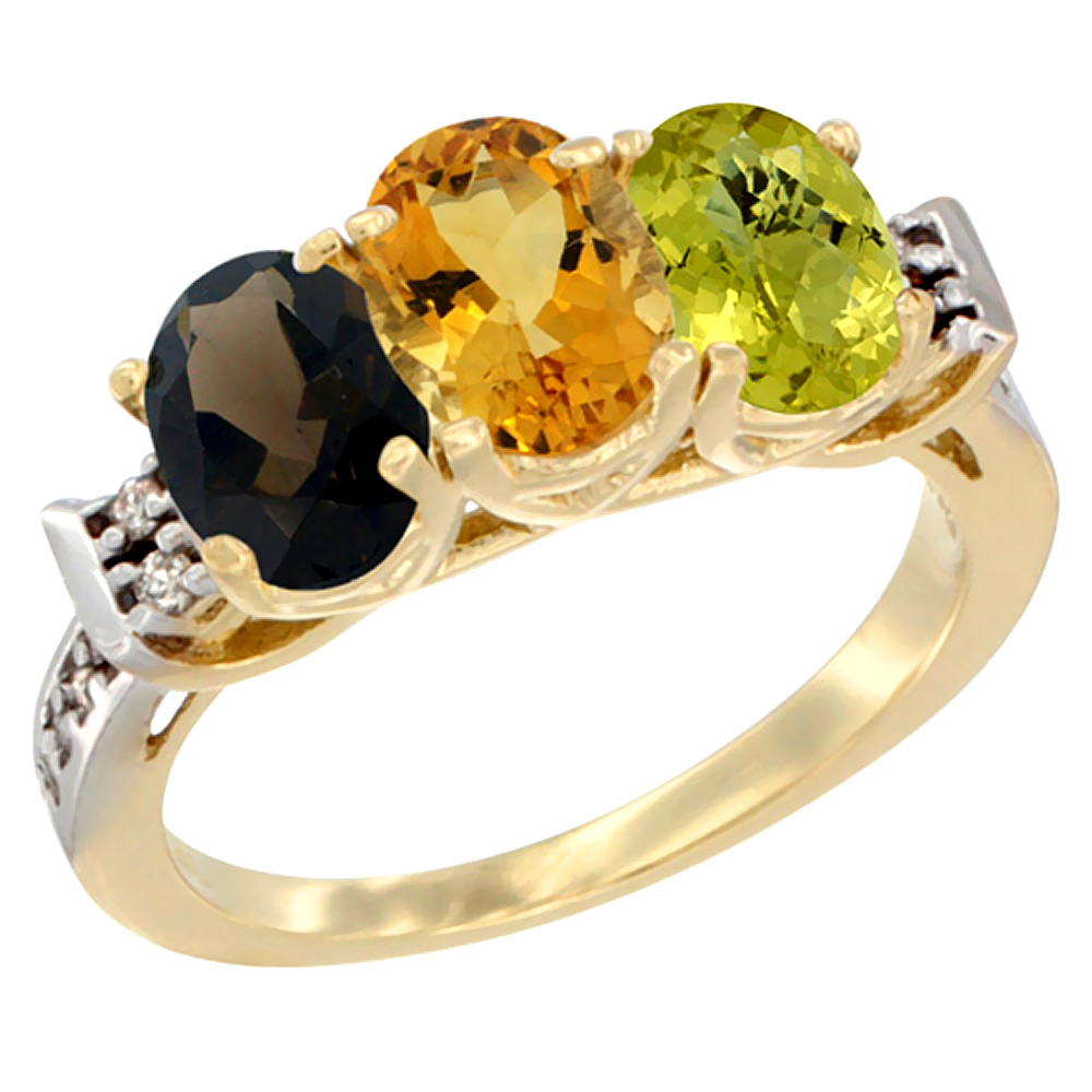 14K Yellow Gold Natural Smoky Topaz, Citrine & Lemon Quartz Ring 3-Stone Oval 7x5 mm Diamond Accent, sizes 5 - 10