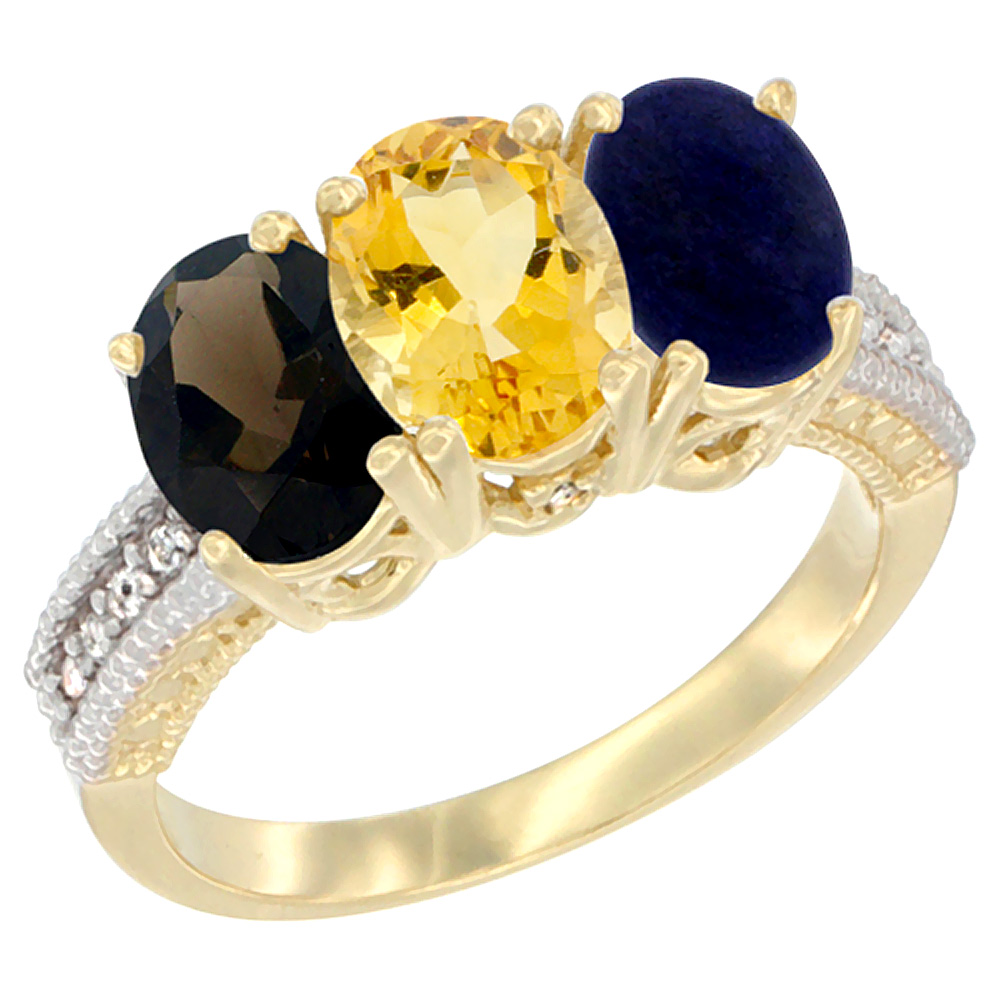 14K Yellow Gold Natural Smoky Topaz, Citrine & Lapis Ring 3-Stone 7x5 mm Oval Diamond Accent, sizes 5 - 10