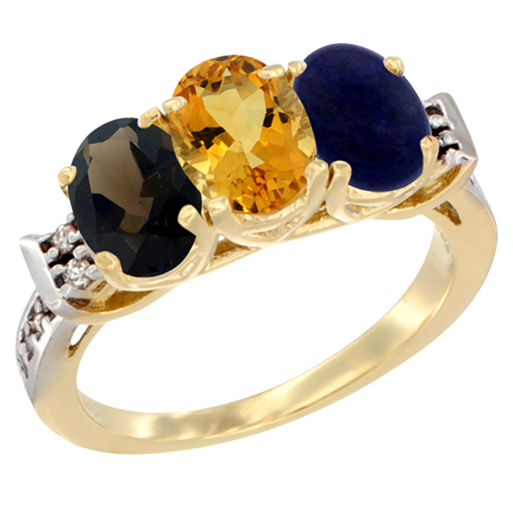 10K Yellow Gold Natural Smoky Topaz, Citrine & Lapis Ring 3-Stone Oval 7x5 mm Diamond Accent, sizes 5 - 10