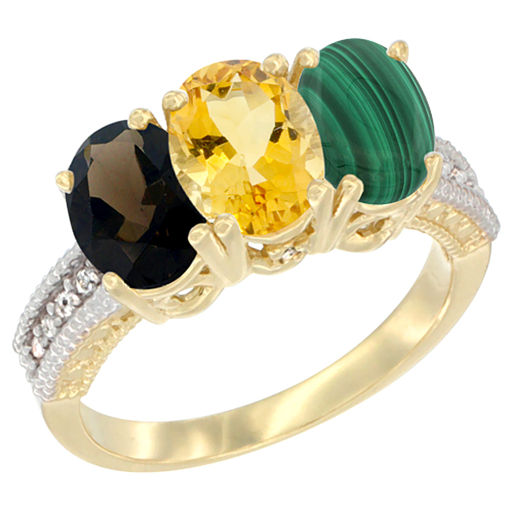 10K Yellow Gold Diamond Natural Smoky Topaz, Citrine & Malachite Ring 3-Stone 7x5 mm Oval, sizes 5 - 10