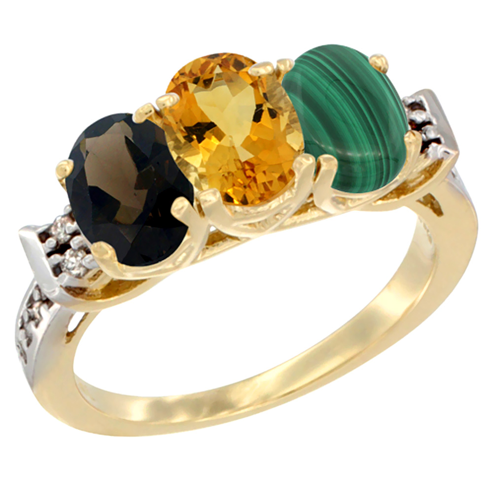 10K Yellow Gold Natural Smoky Topaz, Citrine & Malachite Ring 3-Stone Oval 7x5 mm Diamond Accent, sizes 5 - 10