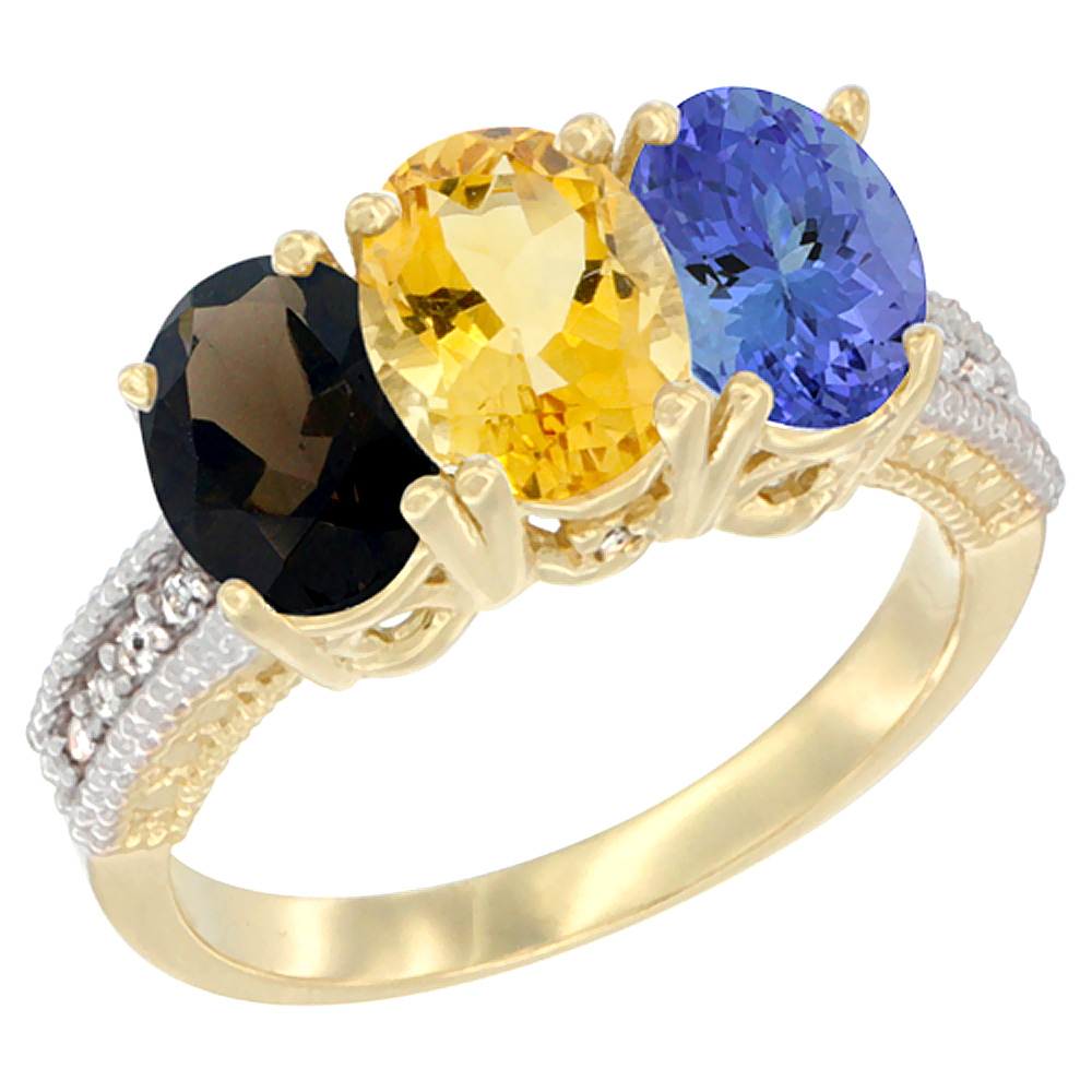 10K Yellow Gold Diamond Natural Smoky Topaz, Citrine &amp; Tanzanite Ring 3-Stone 7x5 mm Oval, sizes 5 - 10