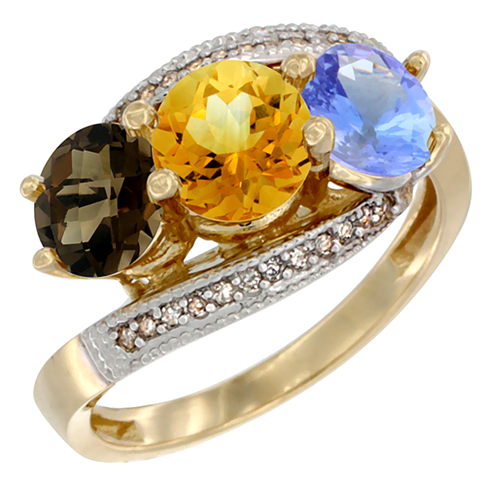 14K Yellow Gold Natural Smoky Topaz, Citrine &amp; Tanzanite 3 stone Ring Round 6mm Diamond Accent, sizes 5 - 10