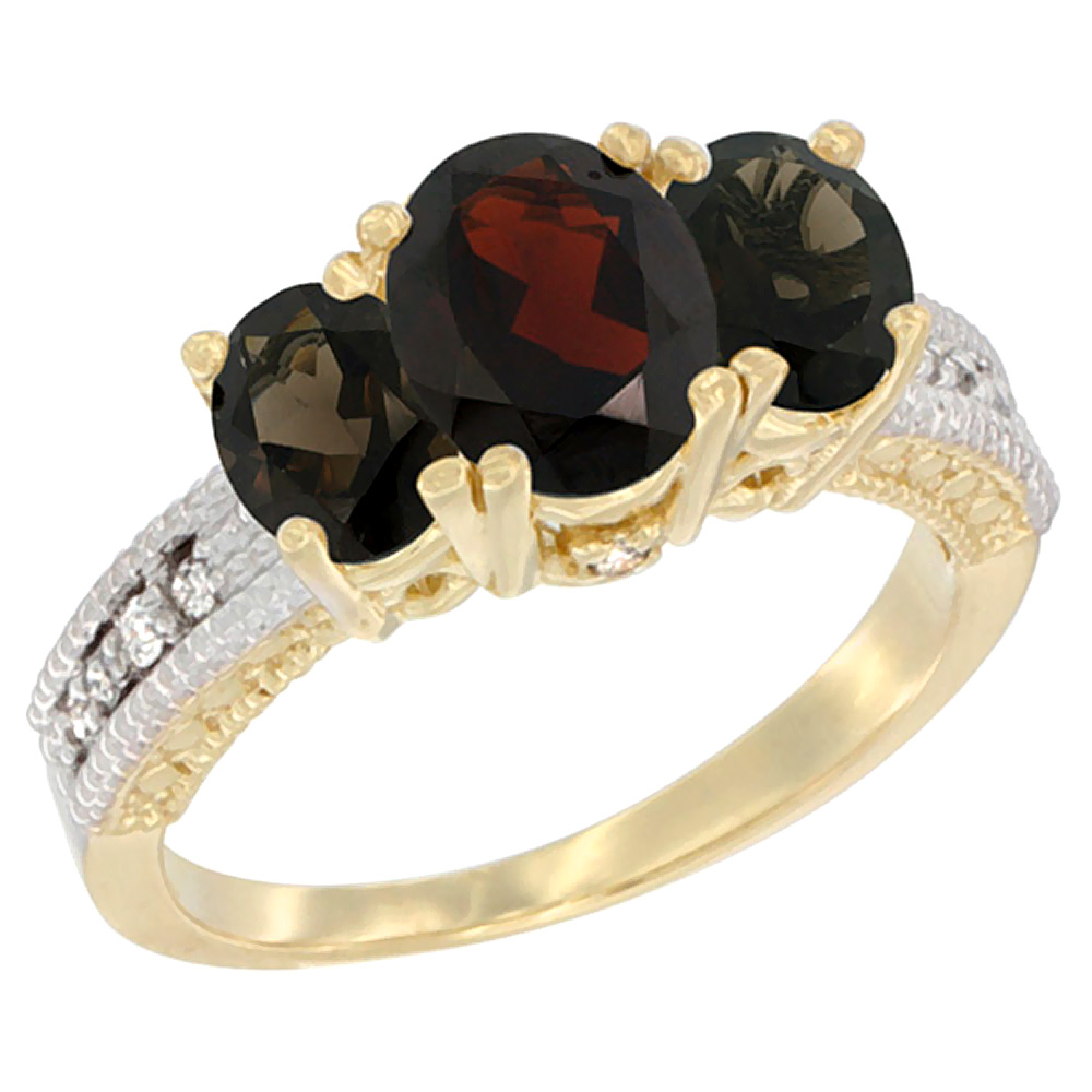 14K Yellow Gold Diamond Natural Garnet Ring Oval 3-stone with Smoky Topaz, sizes 5 - 10