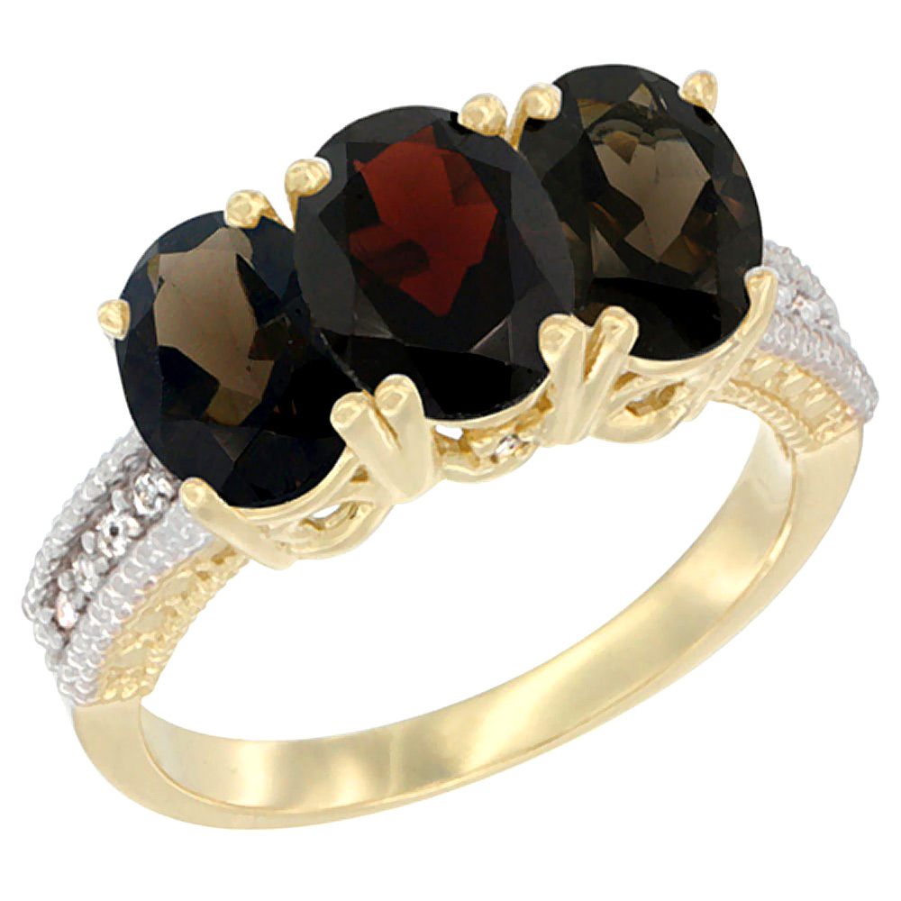 10K Yellow Gold Diamond Natural Garnet &amp; Smoky Topaz Ring 3-Stone 7x5 mm Oval, sizes 5 - 10