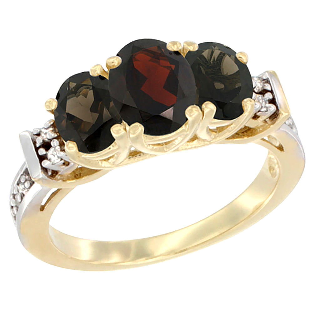 10K Yellow Gold Natural Garnet & Smoky Topaz Ring 3-Stone Oval Diamond Accent