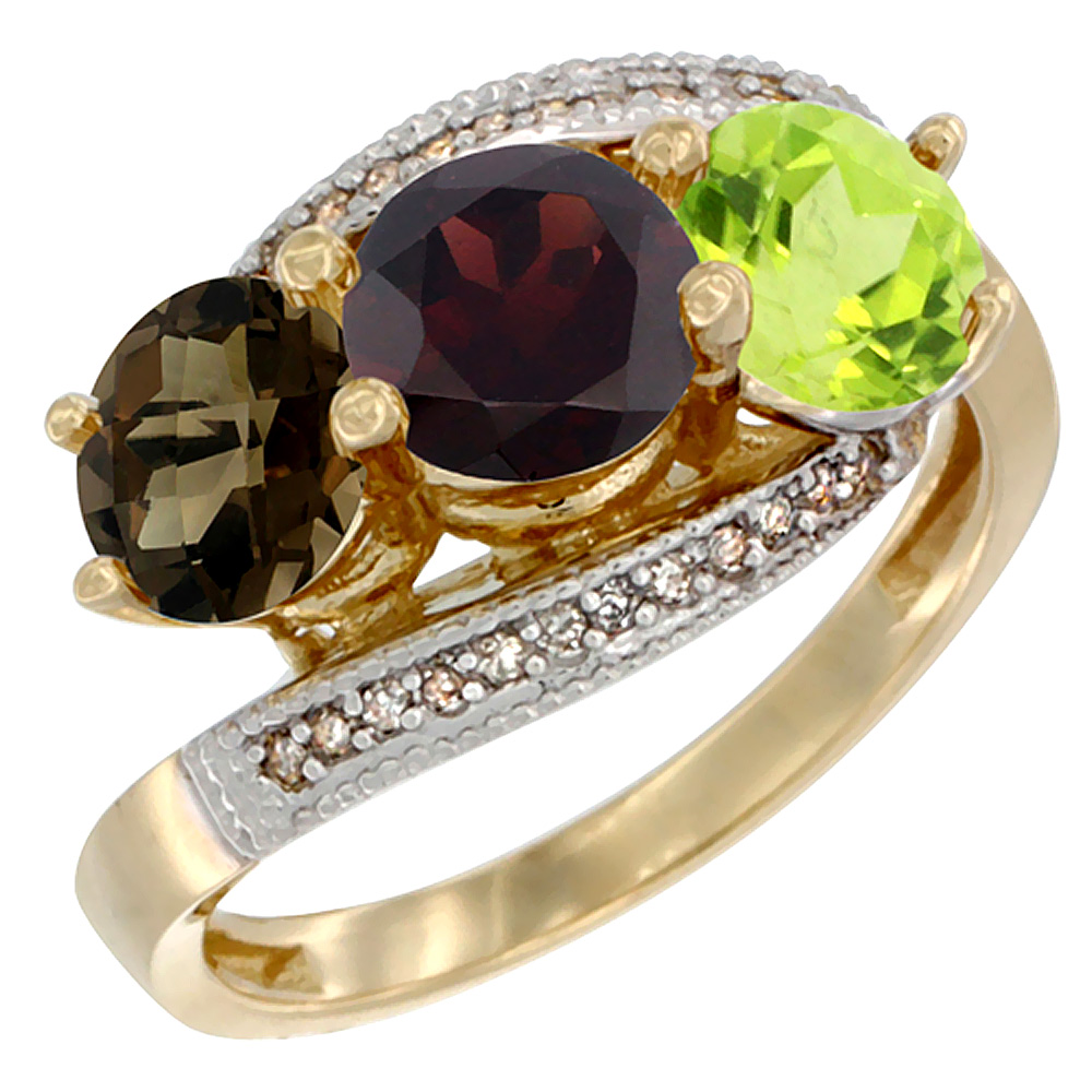 14K Yellow Gold Natural Smoky Topaz, Garnet & Peridot 3 stone Ring Round 6mm Diamond Accent, sizes 5 - 10