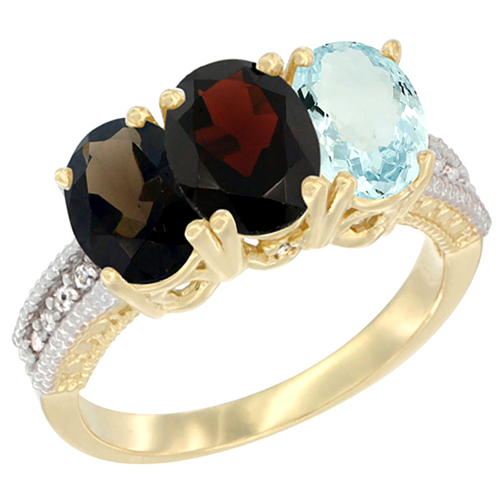 14K Yellow Gold Natural Smoky Topaz, Garnet & Aquamarine Ring 3-Stone 7x5 mm Oval Diamond Accent, sizes 5 - 10