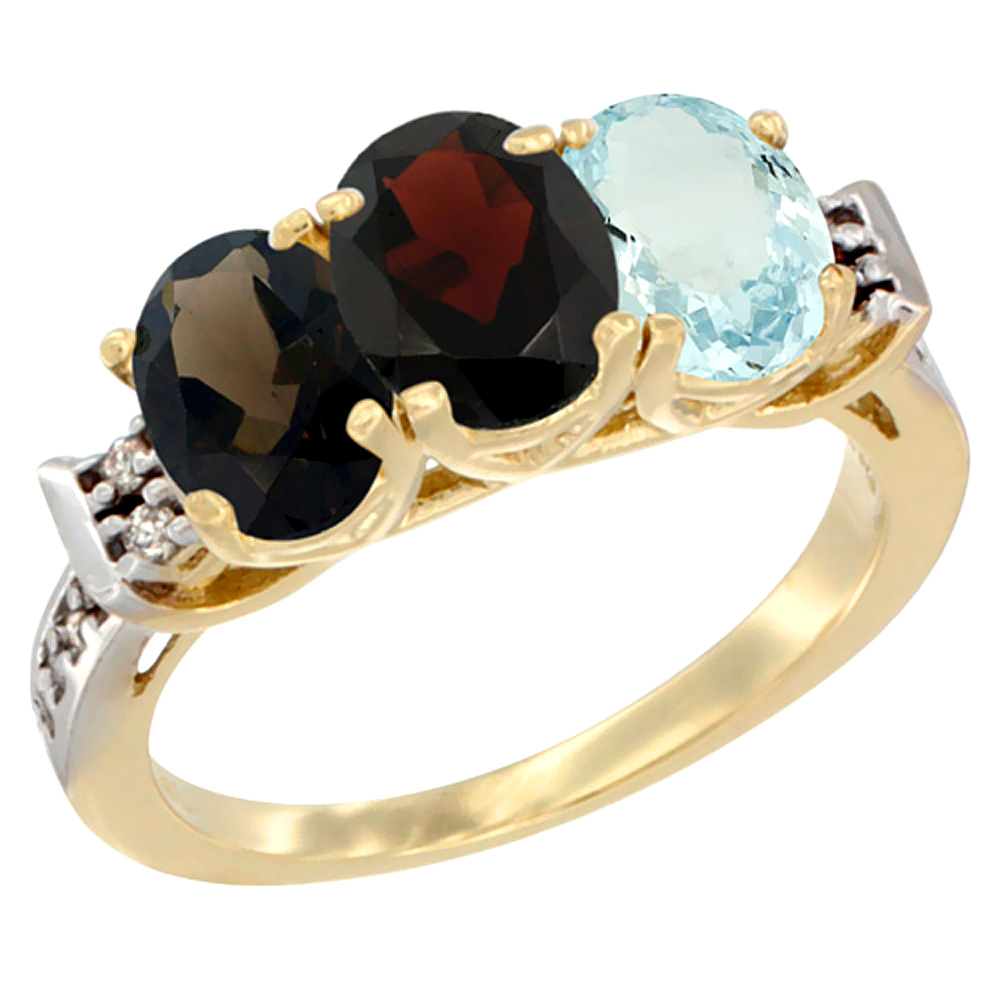 14K Yellow Gold Natural Smoky Topaz, Garnet & Aquamarine Ring 3-Stone Oval 7x5 mm Diamond Accent, sizes 5 - 10