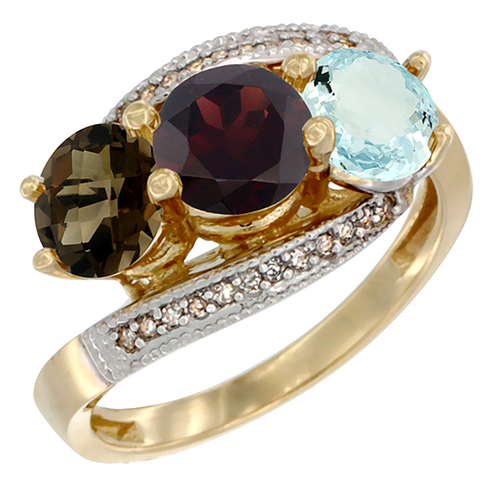 14K Yellow Gold Natural Smoky Topaz, Garnet & Aquamarine 3 stone Ring Round 6mm Diamond Accent, sizes 5 - 10