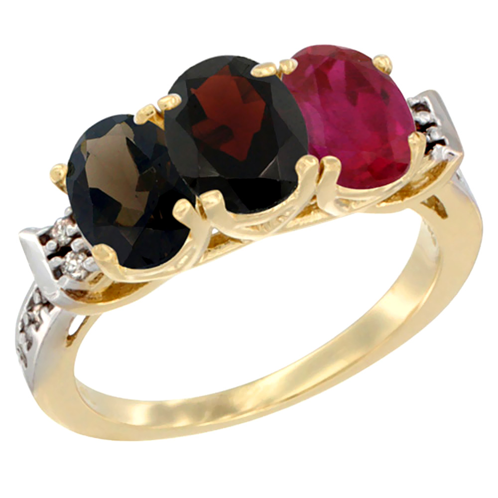 14K Yellow Gold Natural Smoky Topaz, Garnet & Enhanced Ruby Ring 3-Stone Oval 7x5 mm Diamond Accent, sizes 5 - 10