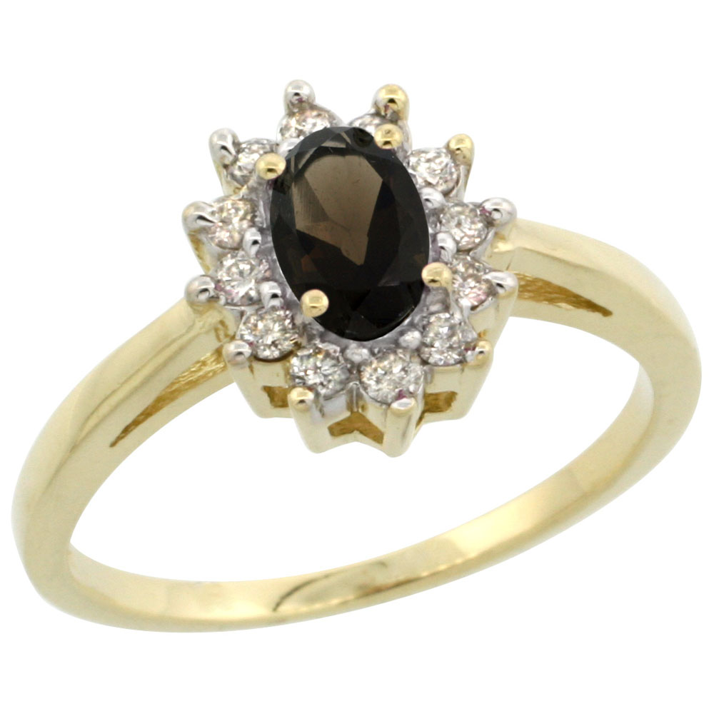 10K Yellow Gold Natural Smoky Topaz Flower Diamond Halo Ring Oval 6x4 mm, sizes 5 10