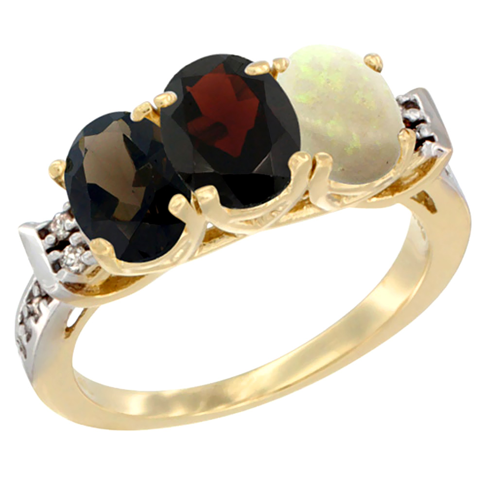 10K Yellow Gold Natural Smoky Topaz, Garnet & Opal Ring 3-Stone Oval 7x5 mm Diamond Accent, sizes 5 - 10