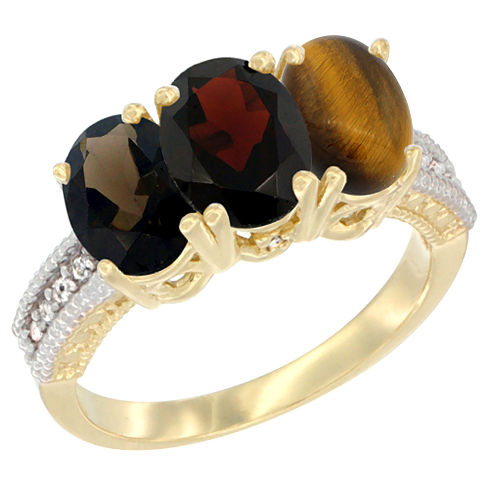 14K Yellow Gold Natural Smoky Topaz, Garnet & Tiger Eye Ring 3-Stone 7x5 mm Oval Diamond Accent, sizes 5 - 10