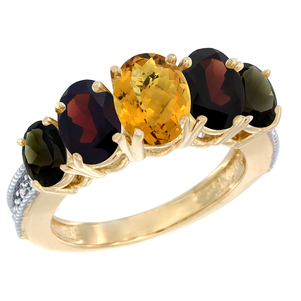 10K Yellow Gold Diamond Natural Whisky Quartz,Garnet,Smoky Topaz Ring 5-stone Oval 8x6 Center,7x5,6x4,sz5-10