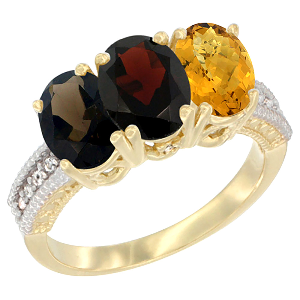 10K Yellow Gold Diamond Natural Smoky Topaz, Garnet & Whisky Quartz Ring 3-Stone 7x5 mm Oval, sizes 5 - 10