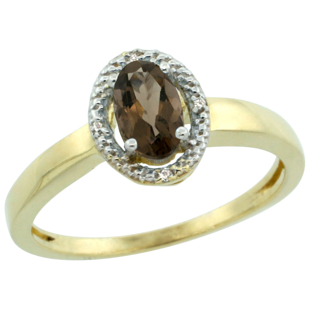 14K Yellow Gold Diamond Halo Natural Smoky Topaz Engagement Ring Oval 6X4 mm, sizes 5-10