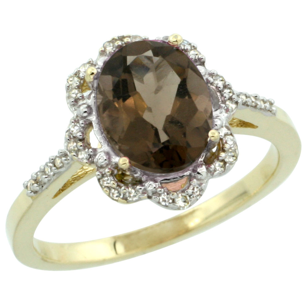 10K Yellow Gold Diamond Halo Natural Smoky Topaz Engagement Ring Oval 9x7mm, sizes 5-10