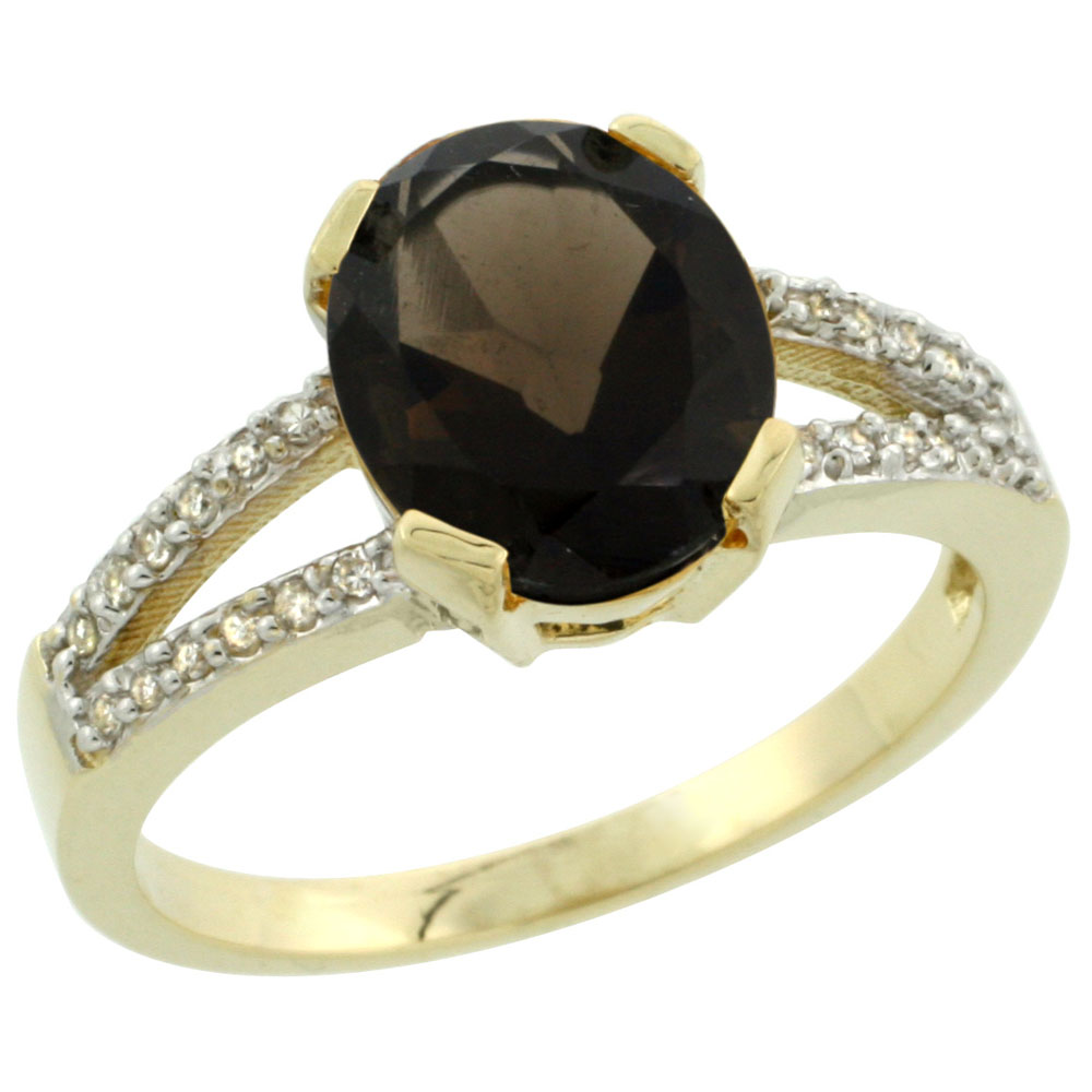 14K Yellow Gold Diamond Natural Smoky Topaz Engagement Ring Oval 10x8mm, sizes 5-10