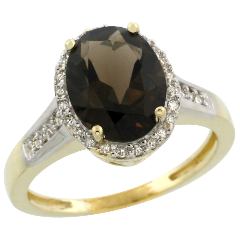 10K Yellow Gold Diamond Natural Smoky Topaz Engagement Ring Oval 10x8mm, sizes 5-10