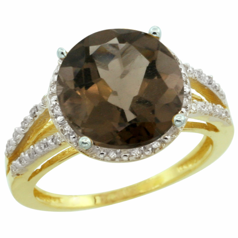 14K Yellow Gold Diamond Natural Smoky Topaz Ring Round 11mm, sizes 5-10