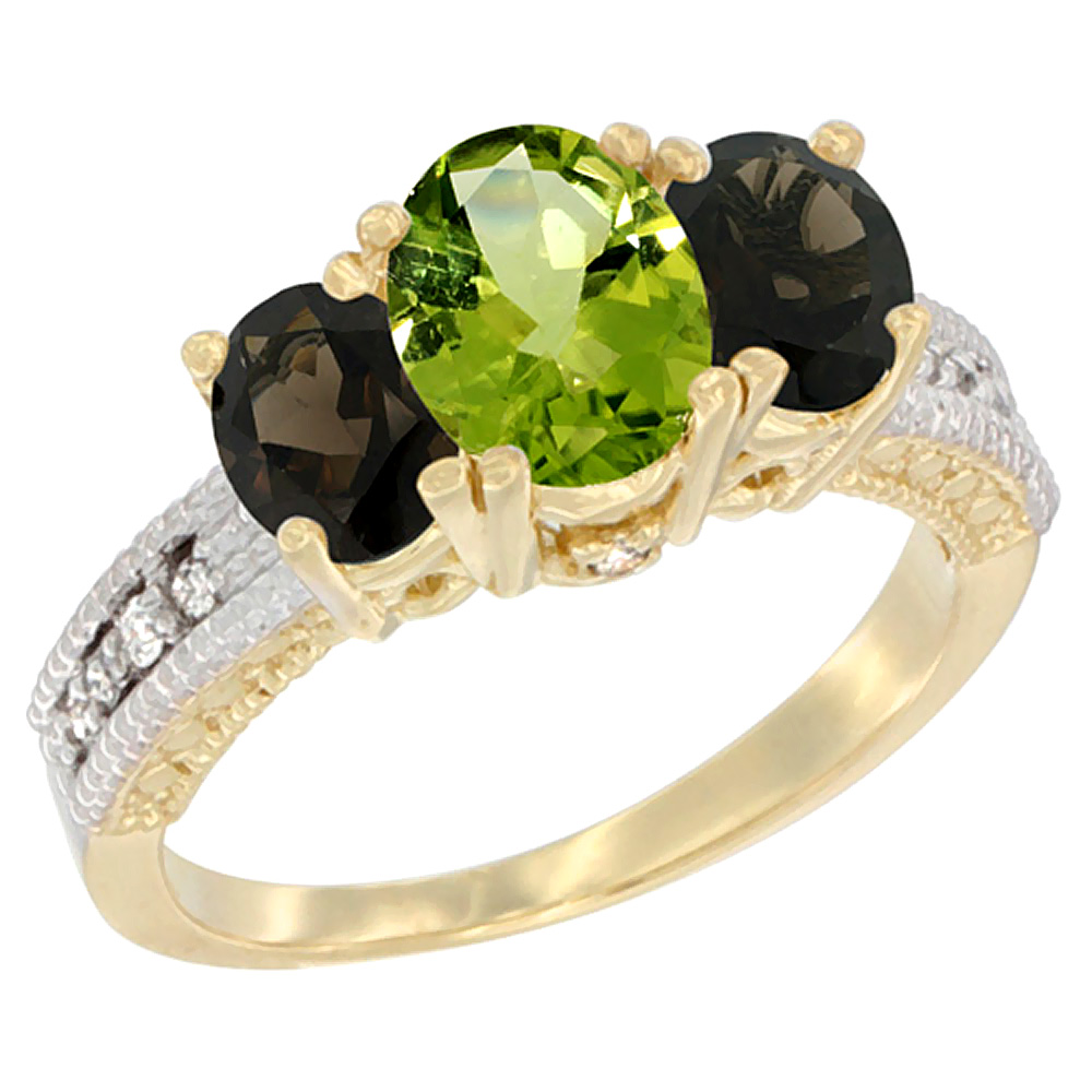 14K Yellow Gold Diamond Natural Peridot Ring Oval 3-stone with Smoky Topaz, sizes 5 - 10