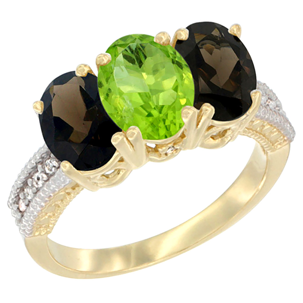 10K Yellow Gold Diamond Natural Peridot & Smoky Topaz Ring 3-Stone 7x5 mm Oval, sizes 5 - 10