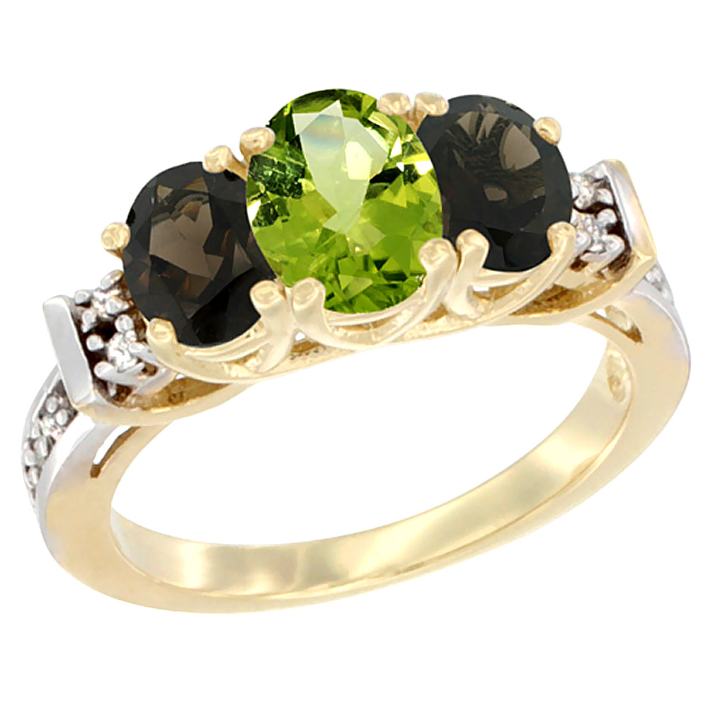 14K Yellow Gold Natural Peridot & Smoky Topaz Ring 3-Stone Oval Diamond Accent