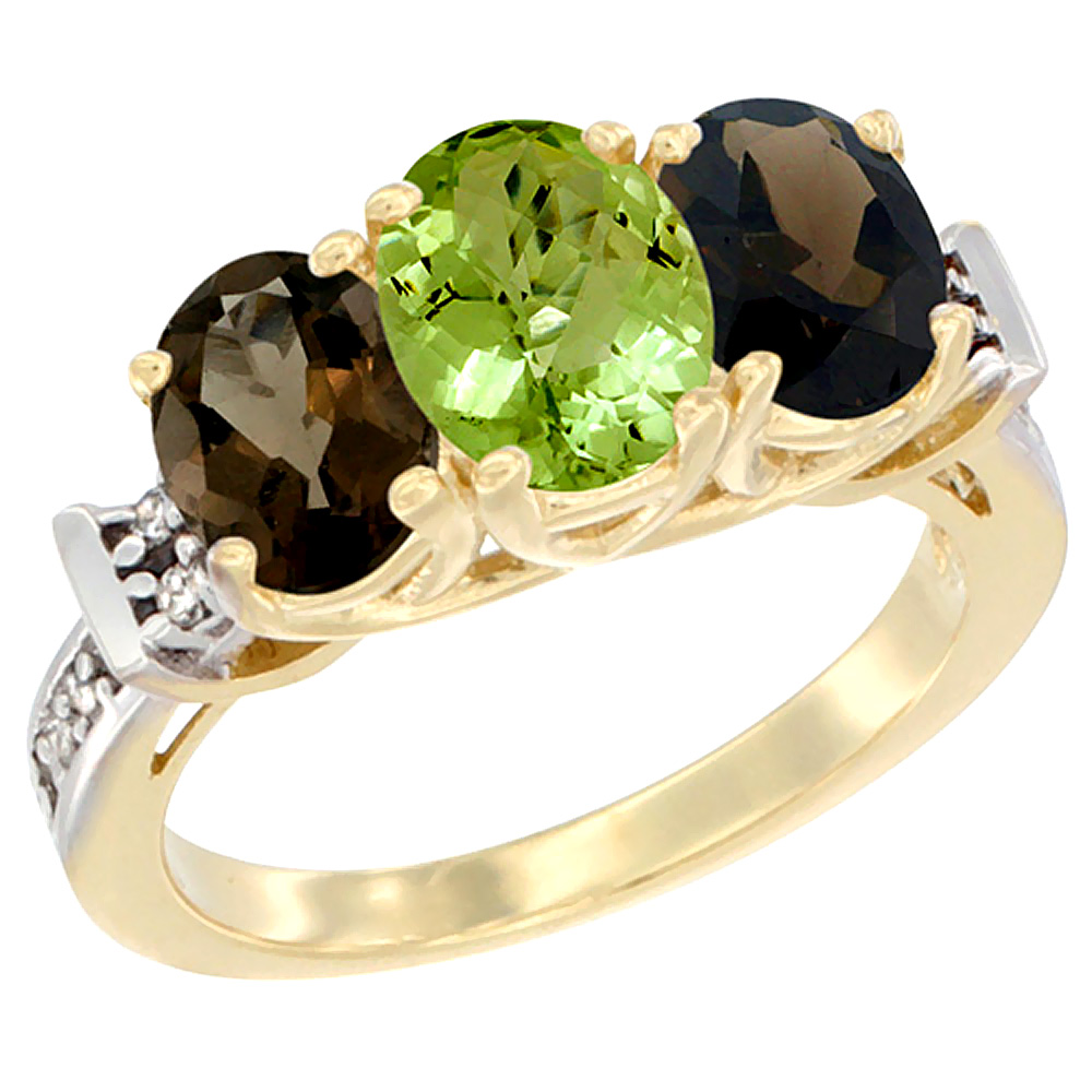 14K Yellow Gold Natural Peridot & Smoky Topaz Sides Ring 3-Stone Oval Diamond Accent, sizes 5 - 10