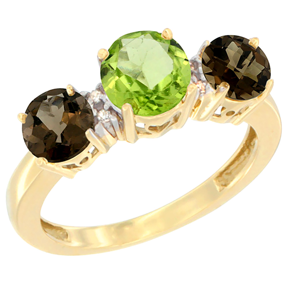 14K Yellow Gold Round 3-Stone Natural Peridot Ring & Smoky Topaz Sides Diamond Accent, sizes 5 - 10