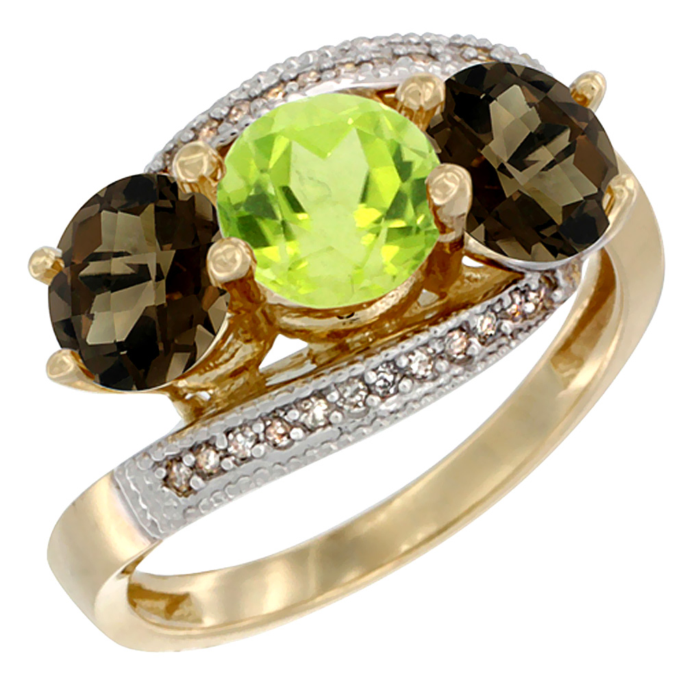 14K Yellow Gold Natural Peridot & Smoky Topaz Sides 3 stone Ring Round 6mm Diamond Accent, sizes 5 - 10