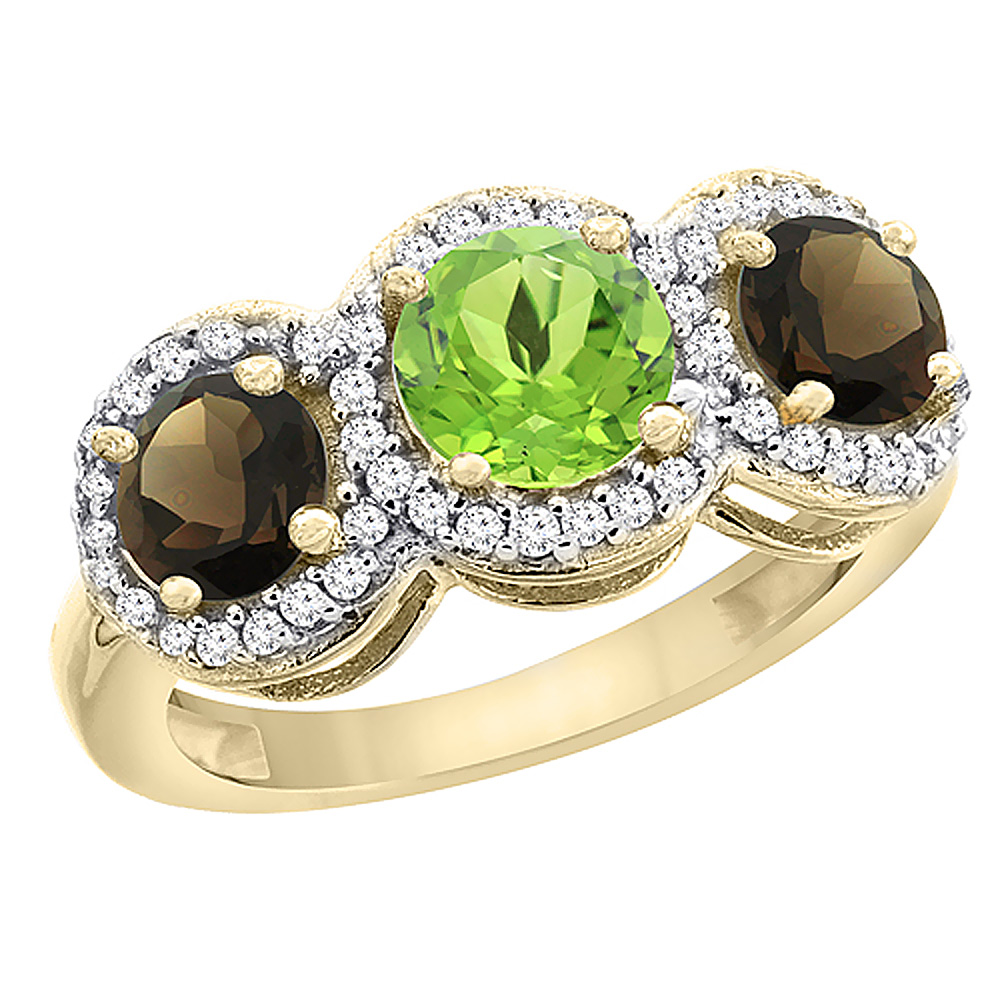 14K Yellow Gold Natural Peridot & Smoky Topaz Sides Round 3-stone Ring Diamond Accents, sizes 5 - 10