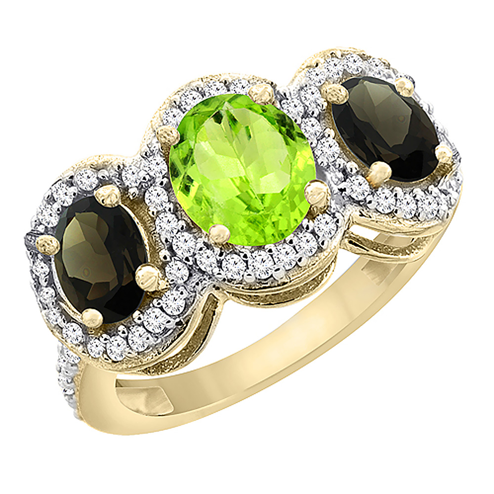 14K Yellow Gold Natural Peridot & Smoky Topaz 3-Stone Ring Oval Diamond Accent, sizes 5 - 10