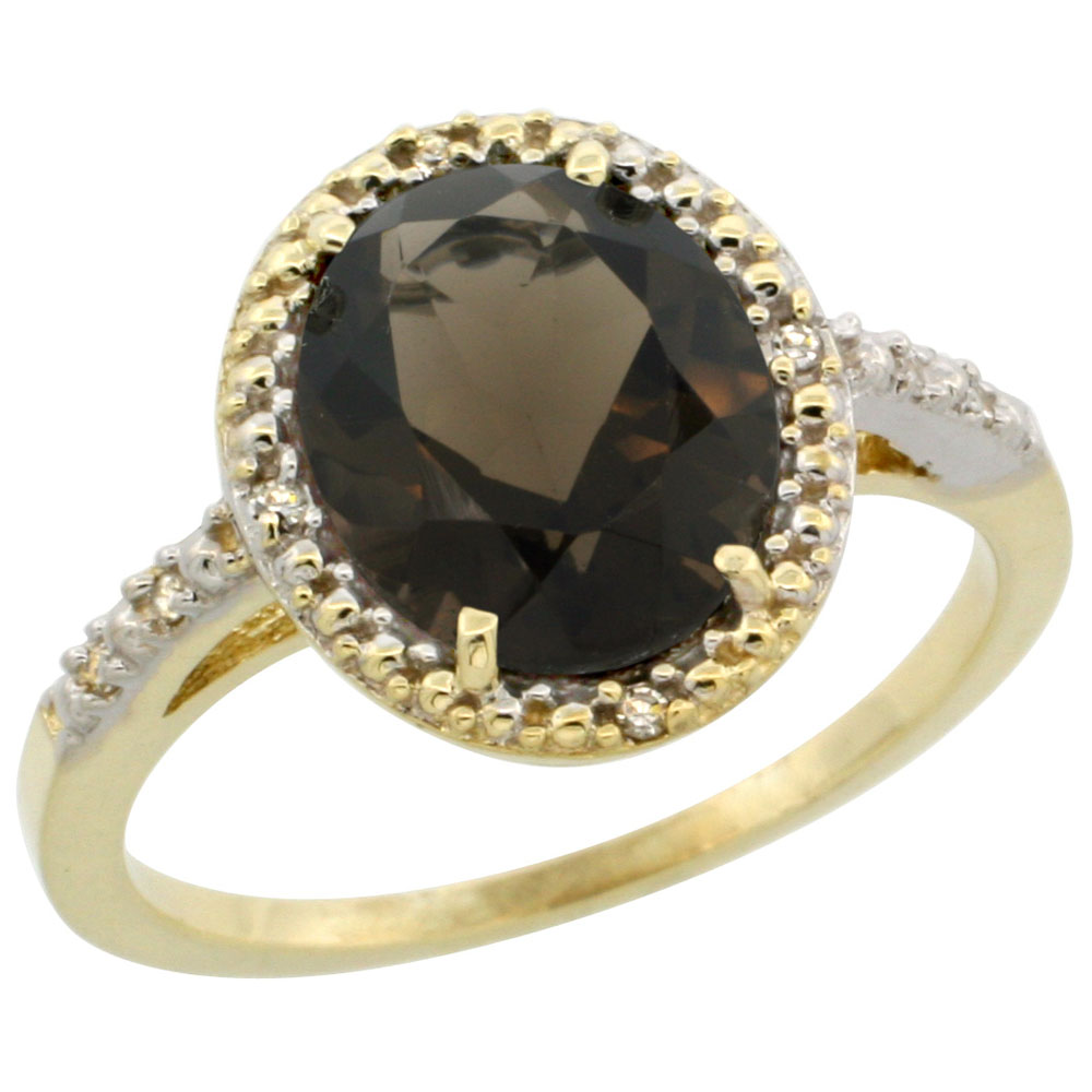 14K Yellow Gold Diamond Natural Smoky Topaz Engagement Ring Oval 10x8mm, sizes 5-10