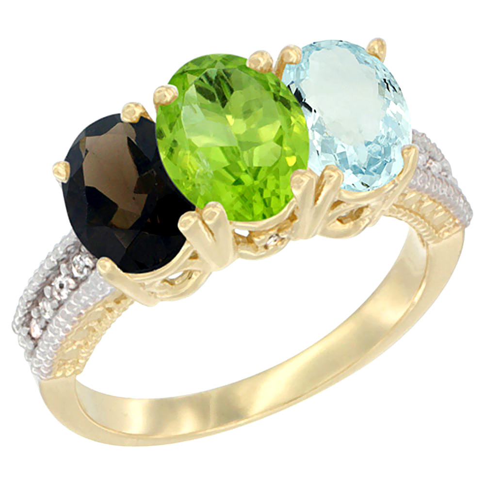 14K Yellow Gold Natural Smoky Topaz, Peridot & Aquamarine Ring 3-Stone 7x5 mm Oval Diamond Accent, sizes 5 - 10